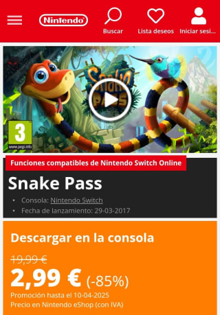 Snake Pass Nintendo Switch por 2,99€.