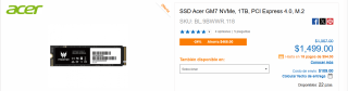 SSD Acer Predator GM7 NVMe 1TB por $1,499 en CyberPuerta