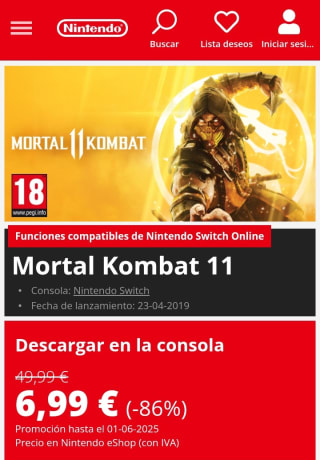 Mortal Kombat 11 Nintendo Switch por 6,99€.