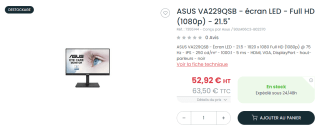 Ecran PC 21,5" Asus VA229QSB - FHD, Dalle IPS, 16:9, 75Hz, 1920x1080, 250cd/m² ,Fixation VESA - Haut-parleurs - Ajustement hauteur et pivot à 52,92€