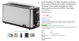 Braun PurShine HT1610BK, Tostadora con Ranura Extra Larga y 8 Niveles de Tostado por 28,99€