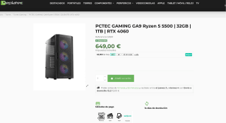 PCTEC GAMING GA9 Ryzen 5 5500 32GB1TB RTX 4060 por solo 649€