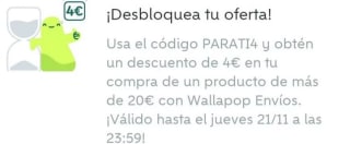 Código 4€ Descuento Pedido mínimo 20€ en Wallapop