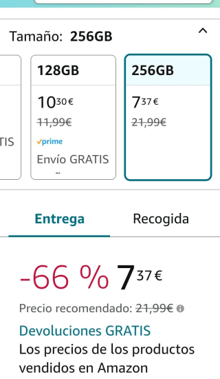 Pendrive Kingston 256GB por 7,37€.