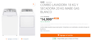 Combo Lavadora 18kg y Secadora 20kg Mabe por $14,999 en Home Depot