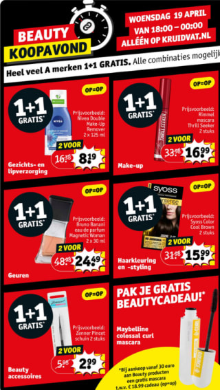 Beauty koopavond Kruidvat met diverse kortingen en 1 gratis Maybelline Colossal Curl mascara t.w.v. 18.99. bij Kruidvat