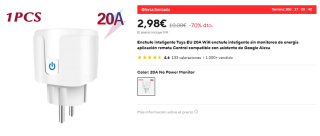 Enchufe inteligente Tuya EU 20A Wifi compatible Google Alexa por 2,98€