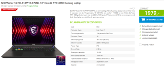 MSI Vector 16 HX A14VHG-677NL Gaming laptop voor €1.979 bij Megekko