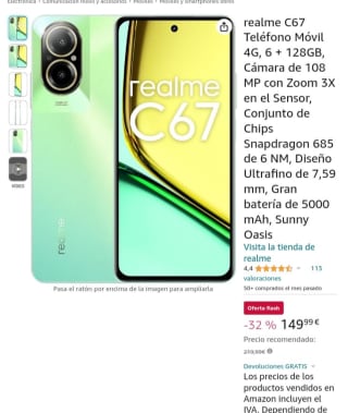 Smartphone Realme C67 4G, 6 + 128GB por 149,99€