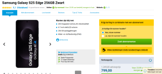 Samsung Galaxy S25 Edge, 256GB opslag Zwart voor €799 bij Belsimpel