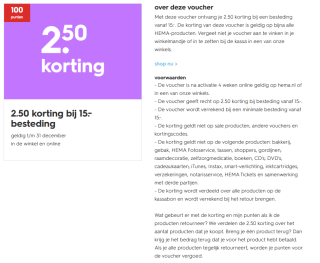 €2,50 korting bij €15 besteding bij inlevering van 100 punten met je Meer Hema Pas