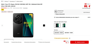 Móvil Poco C75, 256 GB, 8 GB RAM, 6.88" HD+, Mediatek Helio G81 Ultra, 5160 mAh, Android por 99€