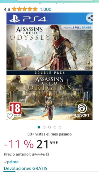 Assassin's Creed Origins + Odyssey Spa PS4 por 21,59€.