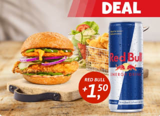 Red Bull voor €1,50 bij een burgermenu bij Kwalitaria