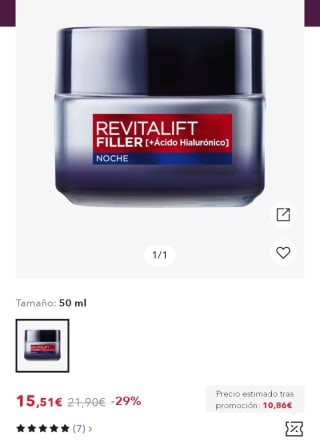 L'Oréal Paris Revitalift Filler Crema de Noche Revitalizante, Antiarrugas y Volumen 5ml por 10,86€.