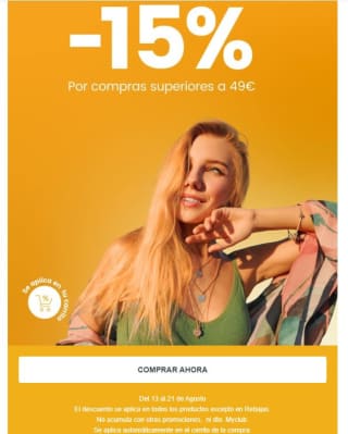 15% de descuento no rebajados y compra de +49€