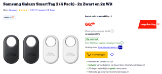 4-pack Samsung Galaxy SmartTag 2 (2x zwart en 2x wit) voor €66,49 bij Bol