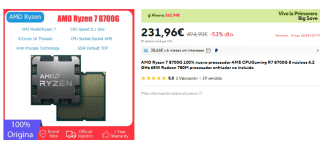 Procesador AMD Ryzen 7 8700G 4.2/5.1GHz Box por 232,22€