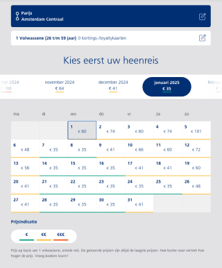 Enkeltje Amsterdam Parijs €35 of €70 retour
