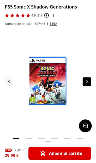 Sonic X Shadow Generations PS5 por 29,99€.