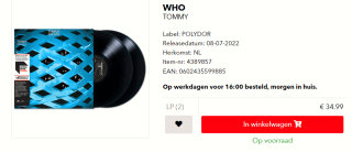The Who Tommy (2LP/Half Speed Master) Half Speed 180g Black Vinyl voor €34,99 bij Platomania