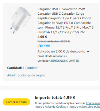 25W Cargador Carga Rapida Cargador Tipo C por 4,99€