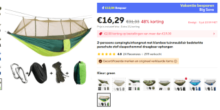 2-Persoons Hangmat Incl. Klamboe en bevestiging set voor €16,29 bij Aliexpress