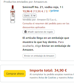 5 botellas Smirnoff No. 21, vodka rojo de 1 litro por solo 34,90€ la unidad sale por 6,98€