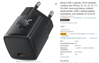 Baseus USB C-oplader, 30 W voor €8,99 bij Amazon