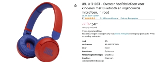 JBL Jr 310BT kids overear bluetooth hoofdtelefoon voor €34,45 bij Amazon