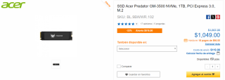 SSD Acer Predator GM-3500 NVMe 1TB en $1,049 | Descuento CyberPuerta