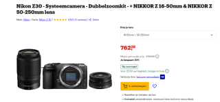 Nikon Z30 + 16-50mm + 50-250mm Dubbelzoomkit voor €762,28 bij Bol