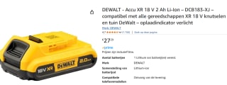 DeWALT DCB183 18V Li-ion XR accu - 2.0Ah voor €27,29 bij Amazon
