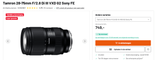 Tamron 28-75mm F/2.8 Di III VXD G2 Sony FE voor €749 bij Kamera Express