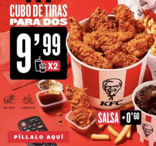 KFC Cubo de tiras para dos + patatas y bebidas por solo 9,99€