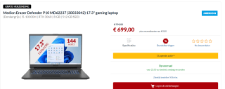 Medion Erazer Defender P10 - Gaming laptop - 144 Hz - 17.3 Inch voor €699 bij Alternate