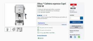 Cafetera espresso Ufesa Capri 1350 W por 86,99€