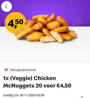 1x (veggie) Mcnuggets 20 voor €4,50 bij McDonald's