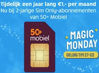 50PlusMobiel-Sim Only-abonnement met onbeperkt bellen en sms + 10 GB 4G+ voor €1 p.m.