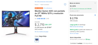 Monitor AOC 27" 165Hz por $2,719 | Descuento Mercado Libre