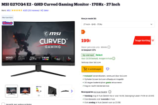 MSI G27CQ4 E2 - QHD Curved Gaming Monitor - 170Hz - 27 Inch voor 199 euro