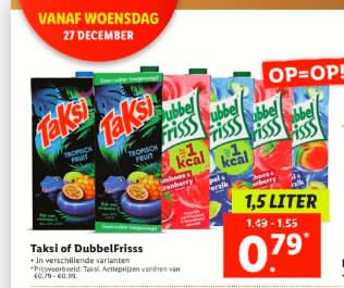 Taksi of Dubbelfris 1,5 liter pak voor €0,79 bij de Lidl