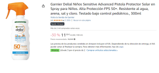 3 Botes de Garnier Delial Niños Sensitive Advanced Pistola Protector Solar en Spray para Niños. Alta Protección FPS 50+. Resistente al agua, arena, sal y cloro. Testado bajo control pediátrico., 300ml por 22.4€