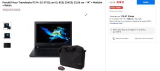 Ordenador Portátil Acer Travelmate P214 -52-375Q con i3, 8GB, 256GB, 35,56 cm - 14" + Maletín + Ratón por 359€