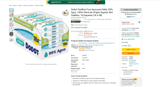Dodot Toallitas Pure Aqua para Bebé, 99% Agua 100% Fibras de Origen Vegetal 864 Toallitas 18 Paquetes por 38,82€