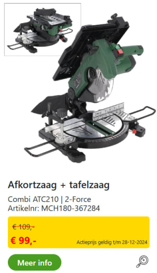 Afkortzaag + tafelzaag combi ACT210 voor €99 bij Van Cranenbroek