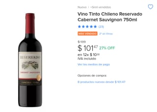 Vino Chileno Cabernet Sauvignon 750ml a $101 en Mercado Libre