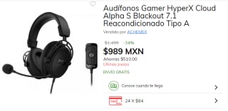 Audífonos HyperX Cloud Alpha S Blackout Reacondicionado por $989 en Claro Shop
