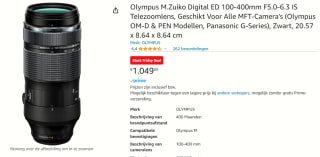 Olympus M.Zuiko Digital ED 100-400mm F5.0-6.3 IS voor €1.049 bij Amazon