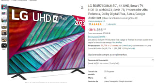 Televisión 50 pulgadas LG 50UR78006LK 50", 4K UHD por 368,18€
